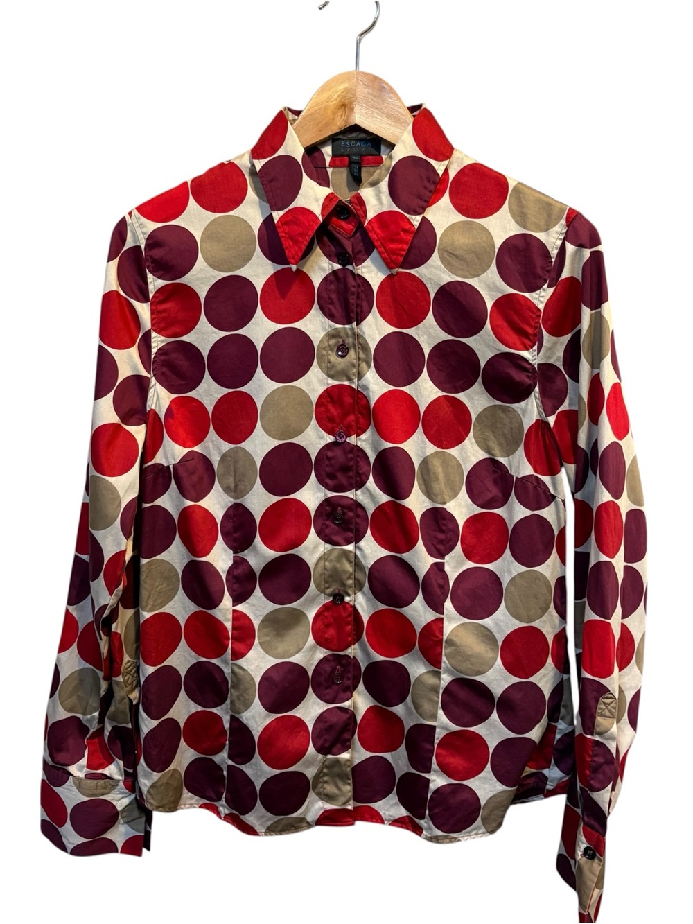 Escada Sport Red Burgundy Tan Polka Dot Button-Down Shirt - Picture 2 of 10